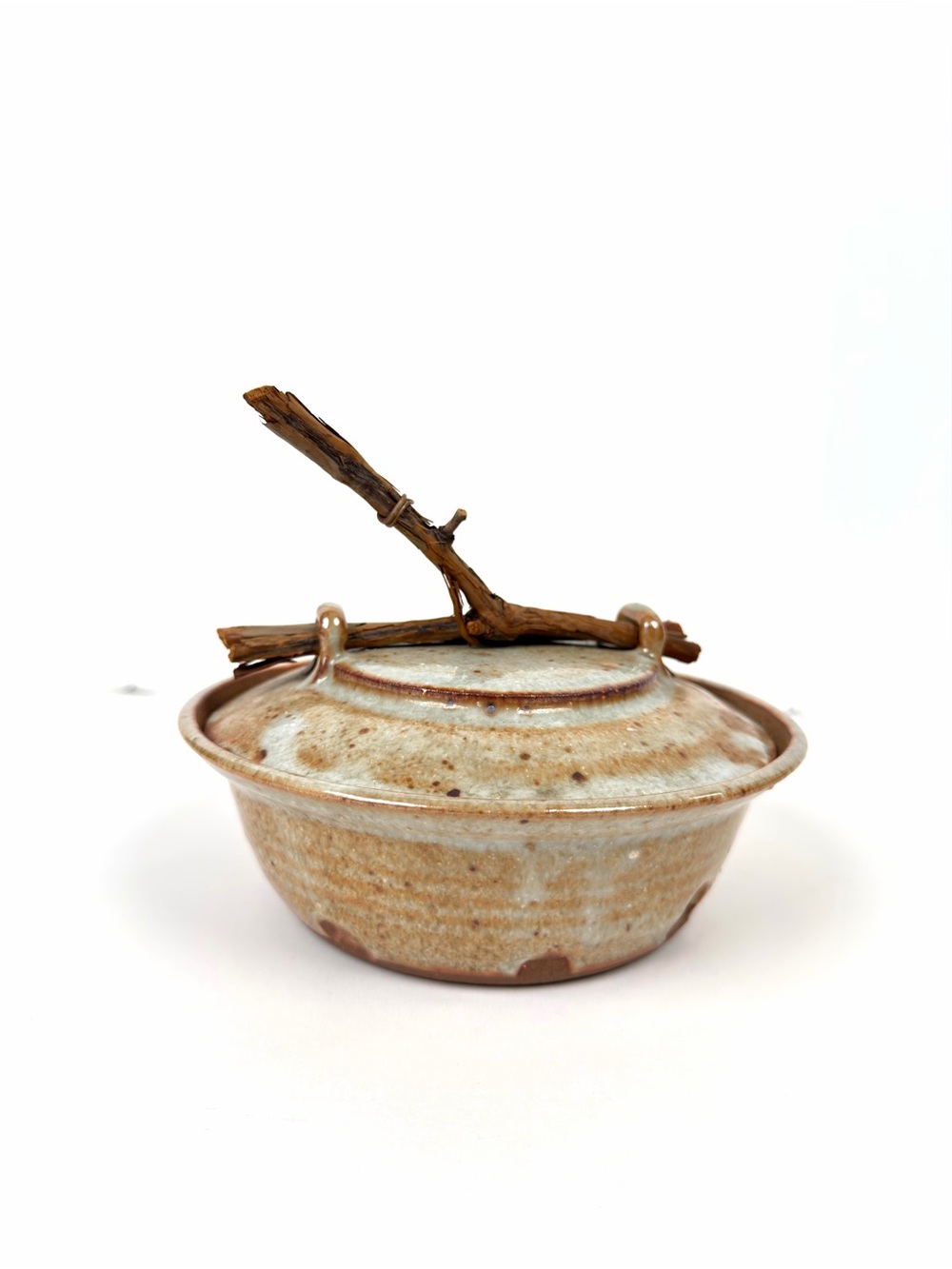 Studio Pottery Bowl And Lid With Branch Handle Brown Speckled Glazed